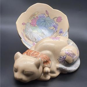 MCM Hand-Painted Chinoiseries Ceramic Sleeping Lucky Cat Figurine And Bowl